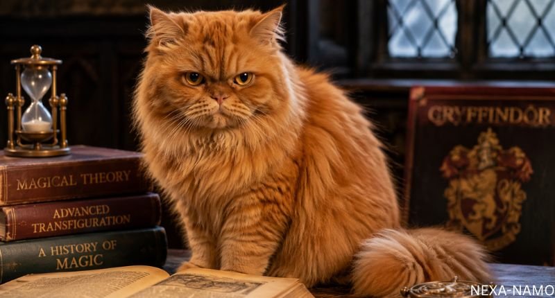 Fluffy ginger Crookshanks-inspired cat with golden eyes sitting beside magical books and a sand timer in a cozy Hogwarts-themed room, surrounded by wizarding décor.