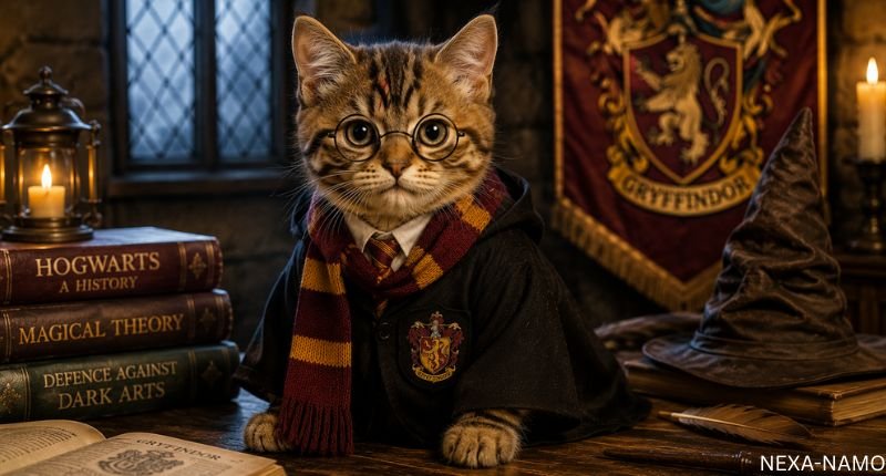 Adorable Harry Potter-inspired kitten wearing round glasses, a wizard robe, and a Gryffindor-style scarf, sitting beside magical books, a wand, a wizard hat, and glowing candles in a Hogwarts-themed room.