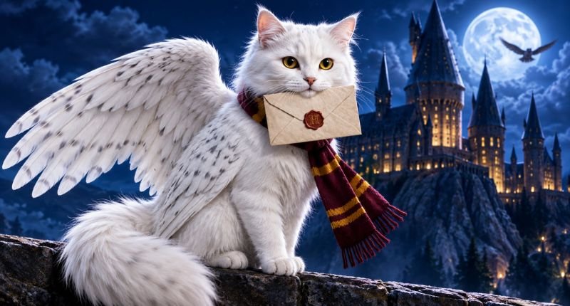 A majestic white Hedwig-inspired fantasy cat with snowy owl wings, golden eyes, and a maroon-and-gold scarf sits beneath a glowing full moon while carrying a sealed letter. A magical castle shines in the background, creating a cinematic HD fantasy scene.