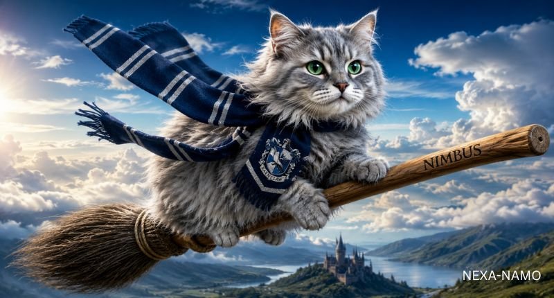 A fluffy silver-gray fantasy cat with bright green eyes rides a magical Nimbus broomstick above the clouds. Wearing a blue scarf, the cat soars through a breathtaking sky with distant mountains and a castle below in a stunning HD fantasy scene.
