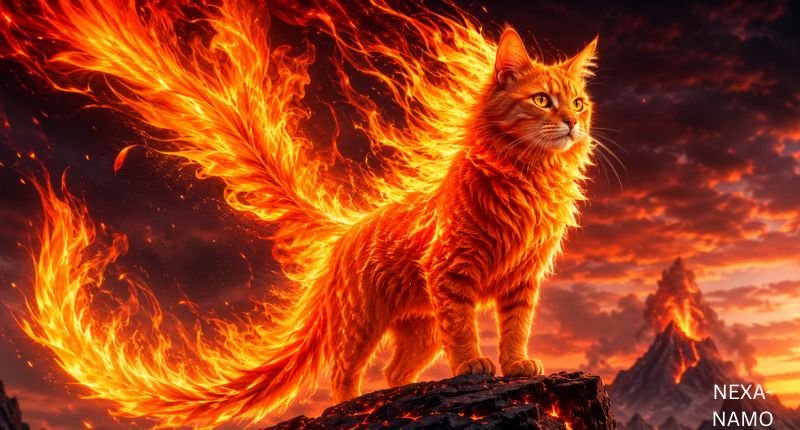 A majestic phoenix cat with glowing golden eyes, fiery wings, and a blazing flame tail stands on a volcanic rock under a dramatic sunset sky. The mythical feline radiates flames and embers, creating a powerful fantasy scene in stunning HD quality.