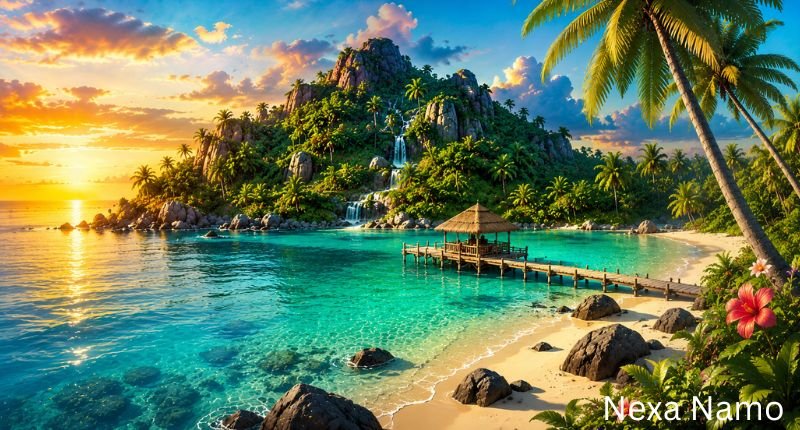 Best island names concept featuring a stunning tropical island with crystal-clear turquoise water, white sandy beach, lush palm trees, cascading waterfalls, rocky mountains, and a peaceful wooden pier, representing the best island name ideas for games, stories, fantasy worlds, and private islands.