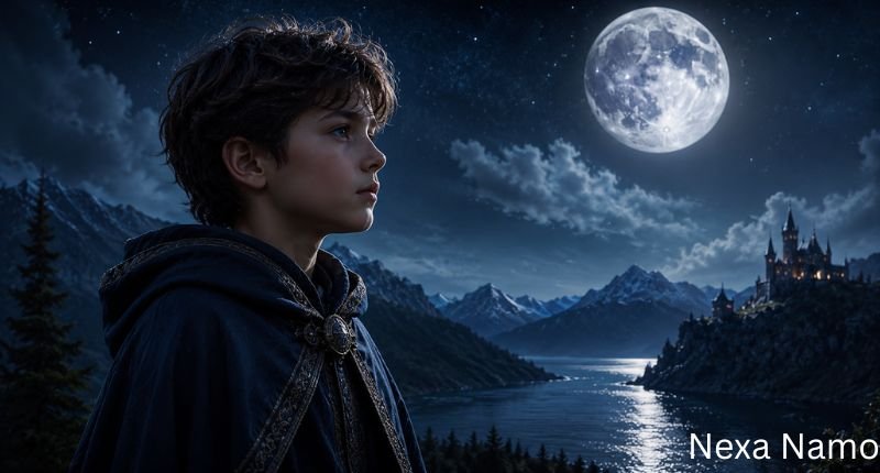 Boy names that mean soul illustrated by a thoughtful young boy beneath a glowing full moon, overlooking a peaceful lake and distant castle in a mystical fantasy landscape.