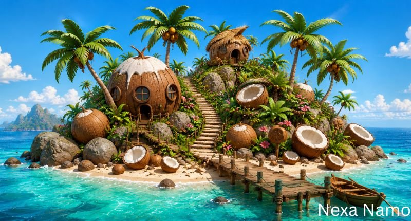 Coconut Crumble Isle tropical island illustration featuring coconut-shaped houses, palm trees, sandy beaches, wooden docks, crystal-clear turquoise water, and lush tropical greenery in a vibrant HD fantasy setting.