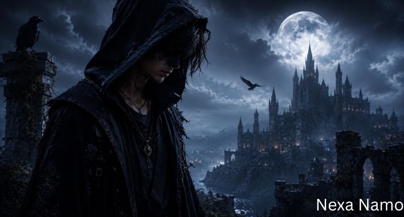 Cool names that mean lost soul illustrated by a mysterious hooded figure standing beneath a full moon with a gothic castle, ravens, and misty fantasy landscape in the background.