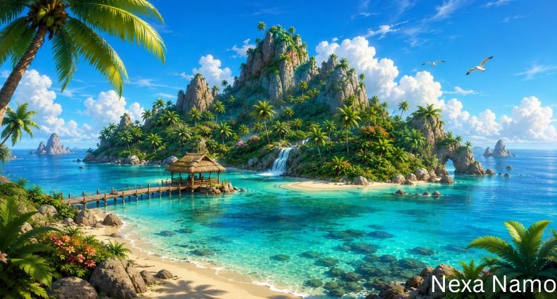 Creative island names concept featuring a breathtaking tropical island with turquoise ocean, white sandy beach, lush palm trees, rocky cliffs, waterfall, and a peaceful wooden pier, representing unique and imaginative island name ideas.