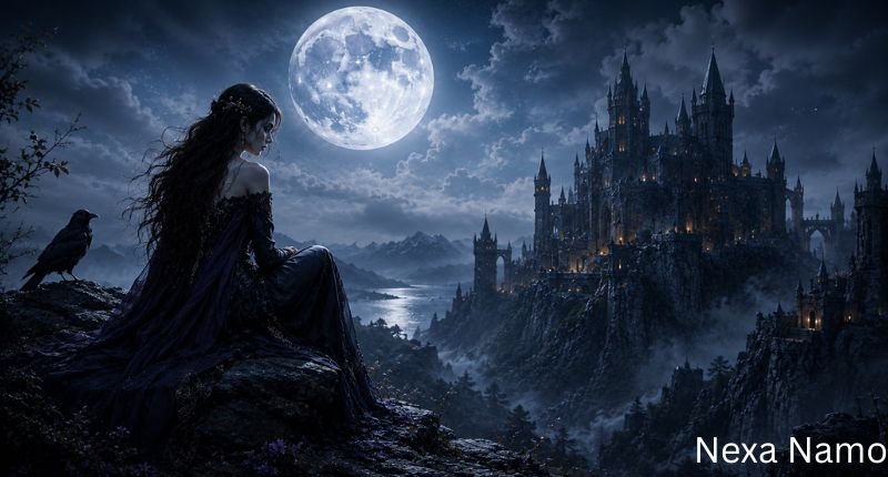 Fantasy names that mean lost soul illustrated by a mysterious woman overlooking a gothic castle beneath a glowing full moon, surrounded by ravens, misty mountains, and a dark fantasy landscape.
