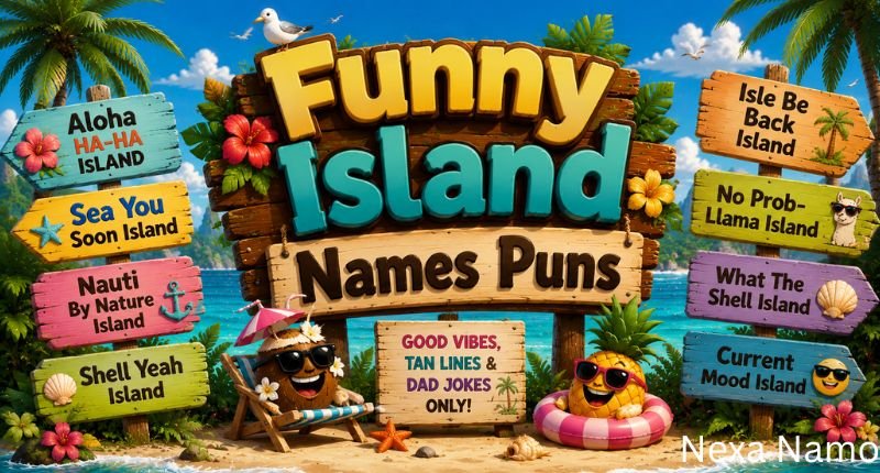 Funny Island Names Puns illustration featuring a tropical beach with colorful wooden signboards, palm trees, ocean views, playful fruit characters, and humorous island-themed puns