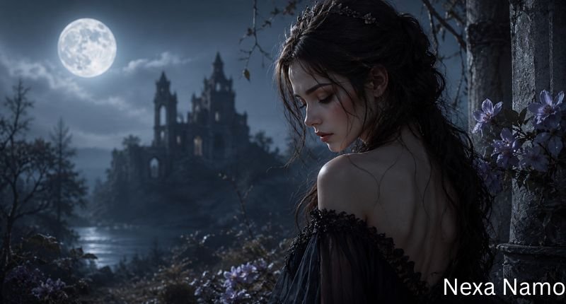 A mysterious young woman in a flowing black dress standing beneath a glowing full moon near ancient castle ruins, surrounded by mist and wildflowers, symbolizing haunting beauty and lost soul girl names.