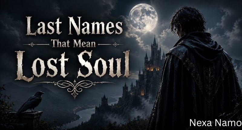 Last names that mean lost soul featuring a mysterious cloaked figure, gothic castle, glowing full moon, raven, and misty fantasy landscape representing haunting family names with dark meanings.