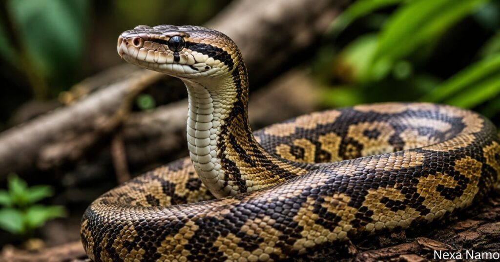 Male snake coiled on a forest log with raised head in a lush green natural habitat