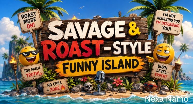 Savage & Roast-Style Funny Island cartoon illustration featuring a tropical island with a wooden sign, smiling emojis, palm trees, tiki torches, and humorous roast-themed elements.