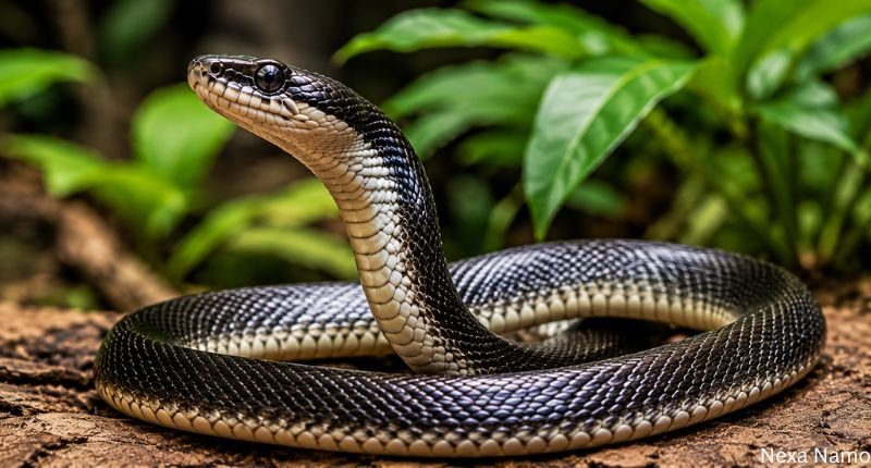 Shesha snake with shiny black scales coiled on the forest floor in a natural habitat
