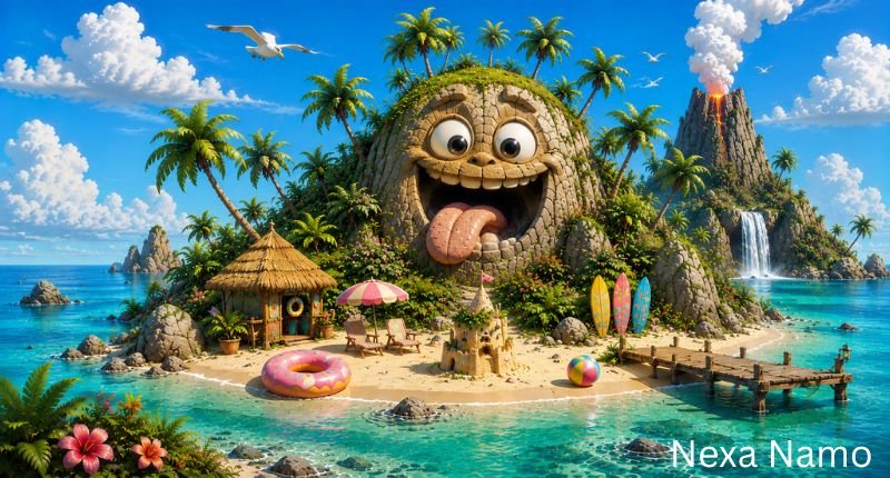 Silly island names illustration featuring a funny tropical island with a goofy smiling rock face, crystal-clear turquoise water, sandy beach, palm trees, tiki hut, colorful beach toys, waterfall, and playful scenery representing humorous island name ideas.