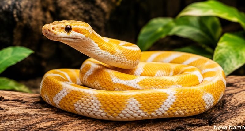 Bright yellow sunny snake coiled on a wooden log with vibrant scales and green foliage