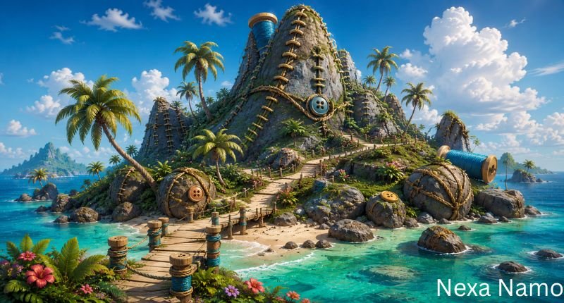 Threadlocked Isle fantasy island illustration featuring a tropical landscape with stitched mountains, rope pathways, oversized thread spools, buttons, palm trees, and crystal-clear turquoise water.