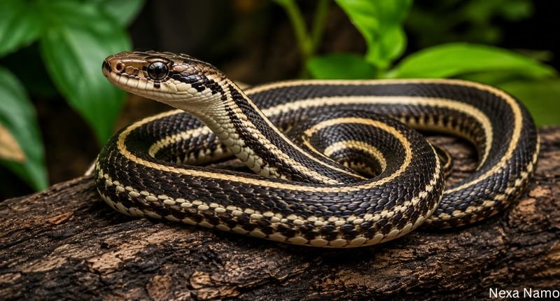 Zara snake coiled on a tree branch with glossy scales in a natural forest environment
