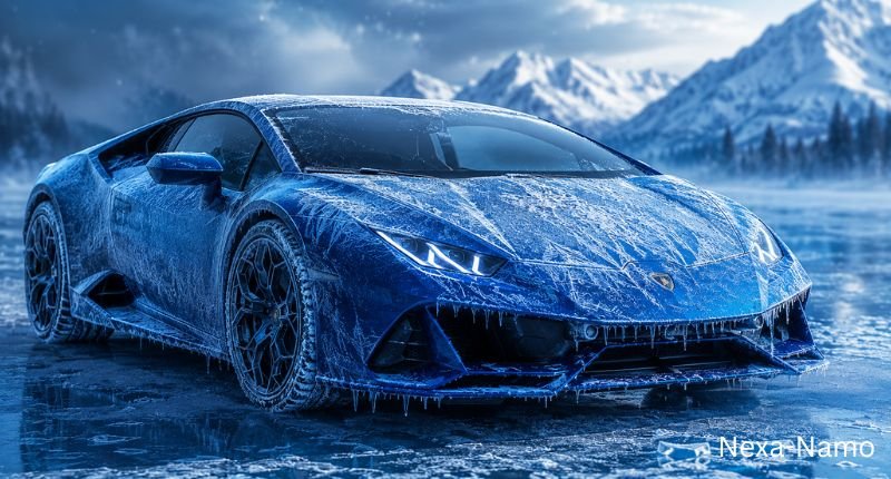 Frostbite-inspired blue sports car covered in ice and frost on a frozen landscape, symbolizing a cool, powerful, and winter-themed blue car name.