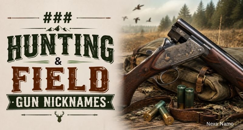 Engraved hunting shotgun with field gear in a rustic outdoor setting.