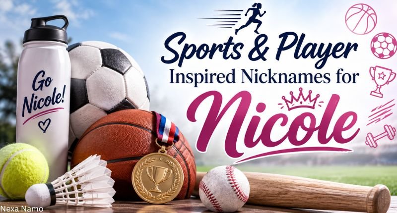 Sports and player inspired nicknames for Nicole with soccer, basketball, tennis, and sports equipment
