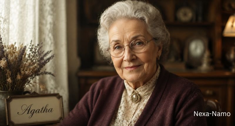 Agatha, a classic old lady name represented by an elegant elderly woman with white hair, glasses, and a vintage style.