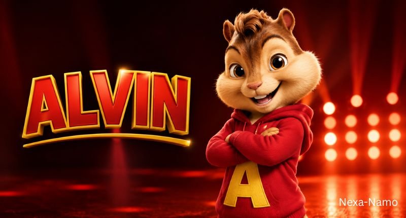 Alvin from Alvin and the Chipmunks wearing a red hoodie with a confident smile in a cinematic 3D character illustration