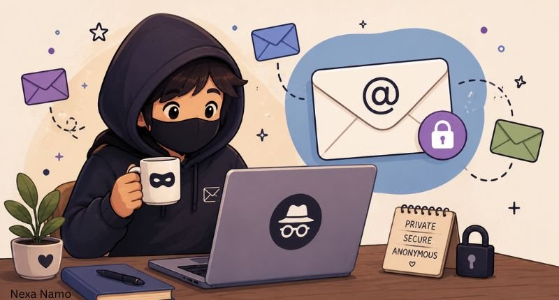 Cartoon character using a laptop with secure anonymous email and privacy icons