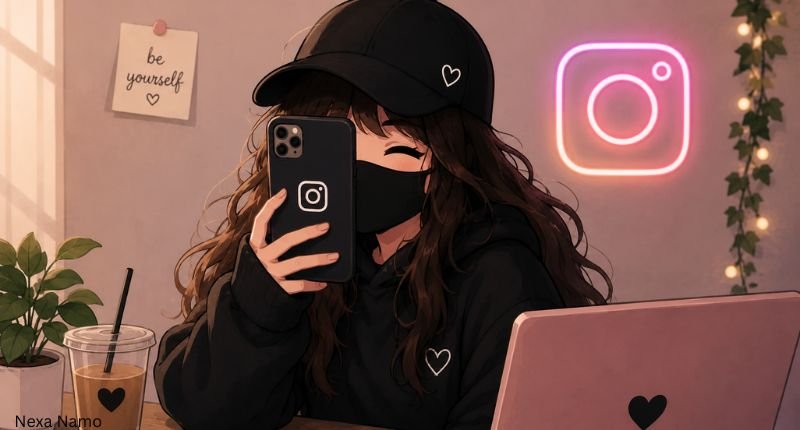 Cartoon masked instagram creator recording a video with a smartphone and ring light