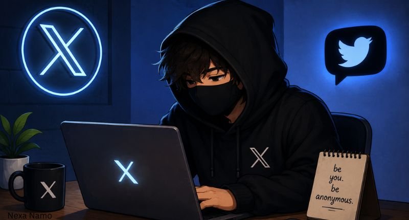 Anonymous Twitter/X username concept featuring a masked person using a laptop in a dark blue room with X-themed elements.