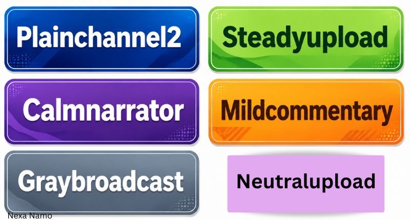 YouTube-style username examples including Plainchannel2, Steadyupload, Calmnarrator, Mildcommentary, and Graybroadcast in colorful boxes.