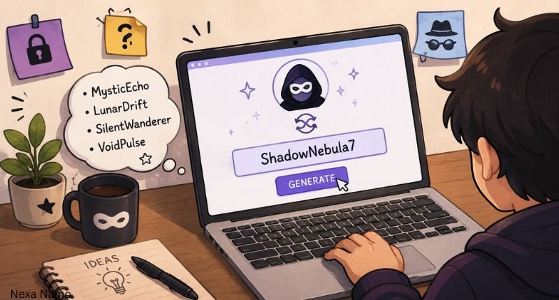 Cartoon user exploring anonymous username generator tools on a laptop
