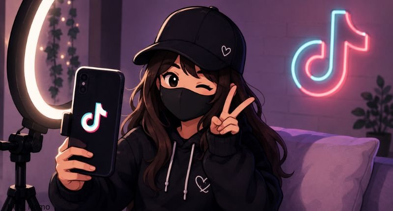 Cartoon masked TikTok creator recording a video with a smartphone and ring light