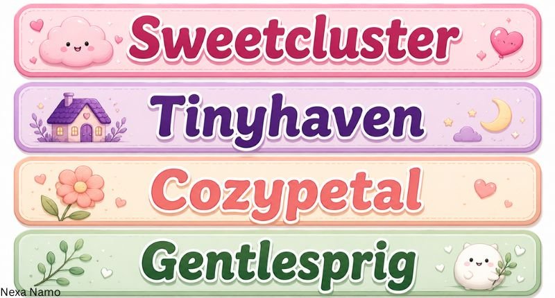 Cute anonymous usernames Sweetcluster, Tinyhaven, Cozypetal, and Gentlesprig displayed in colorful pastel designs.