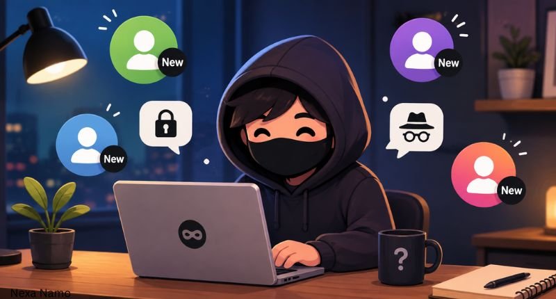 Cartoon person creating a private new account with a laptop and hidden identity theme