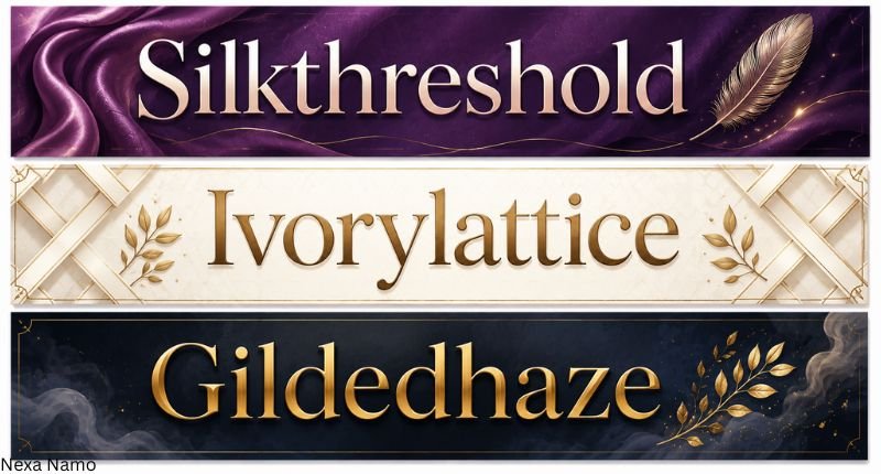 Elegant anonymous usernames Silkthreshold, Ivorylattice, and Gildedhaze displayed in luxurious decorative banner designs.