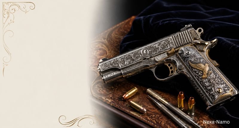 Custom engraved handgun with intricate artistic detailing.