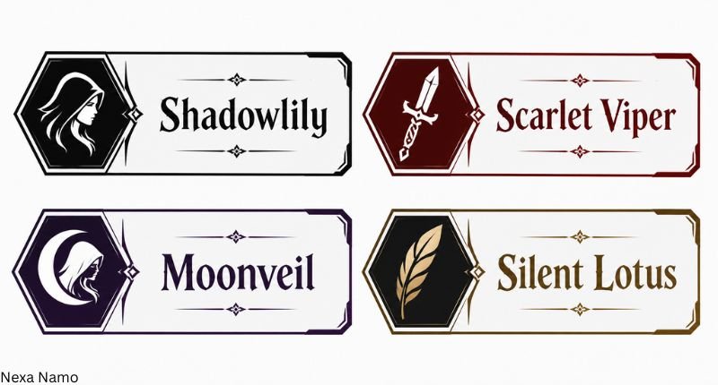 Assassin Names Female featuring four female assassin names in elegant fantasy-style name boxes