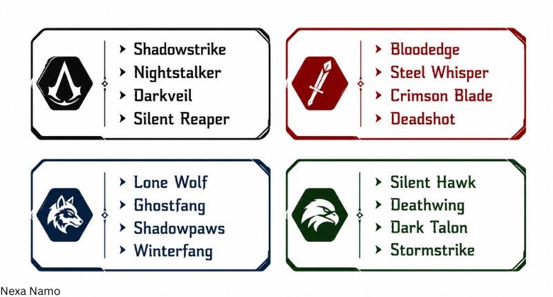 Assassin Names Male featuring four powerful male assassin names in modern decorative name boxes