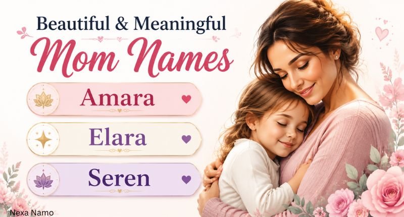 Beautiful and meaningful mom names with Amara, Elara, and Seren displayed in elegant name boxes with a mother and child theme
