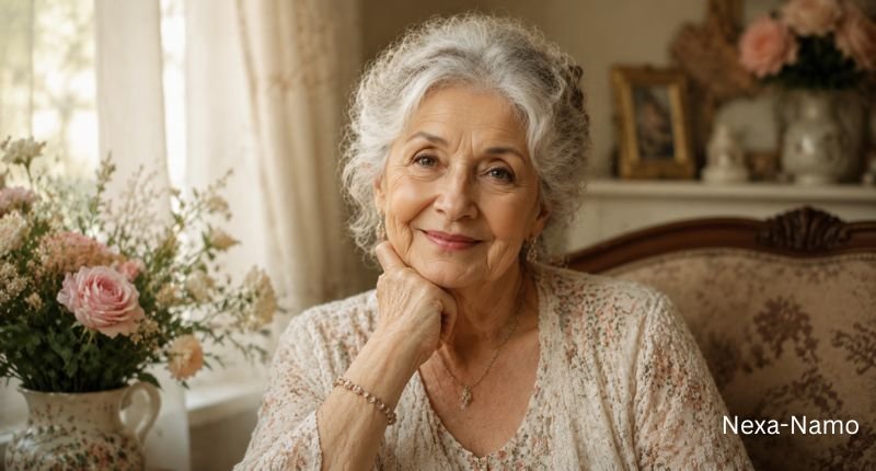 Beautiful old lady with silver hair and a warm smile sitting in a vintage room, representing elegant and timeless old lady names.