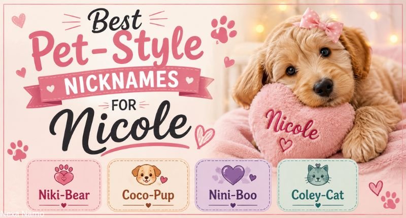 Best pet-style nicknames for Nicole featuring a cute puppy and playful nickname cards