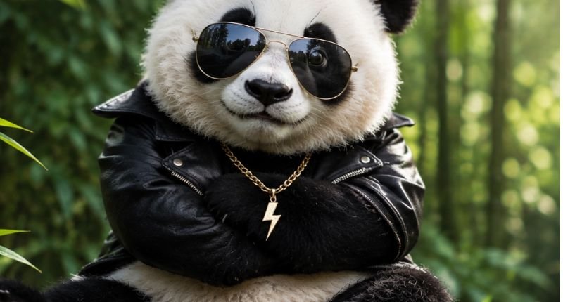 Blitz cool panda wearing stylish sunglasses and a black leather jacket, sitting confidently in a lush bamboo forest with a bold and modern look.