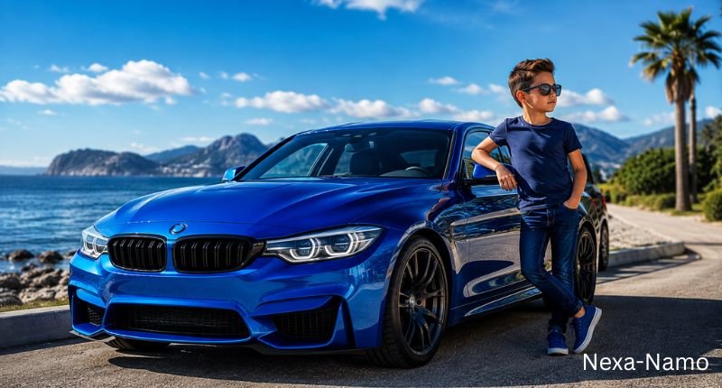 Stylish blue sports car with a confident young boy standing beside it on a scenic coastal road, representing cool and masculine blue car names for boys.