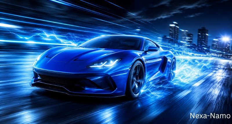 Blue Blitz-inspired blue sports car speeding through a city at night with electric blue light trails, representing a fast, bold, and powerful blue car name.