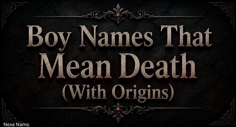 Boy names that mean death with origins in a dark gothic-themed title graphic.