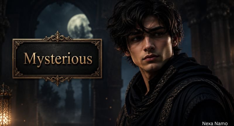 Decorative box featuring mysterious boy names beside a dark fantasy-style young man, illustrating boy names that mean mysterious.