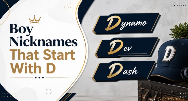 Professional infographic featuring the heading “Boy Nicknames That Start With D” on the left, with three stylish D-name examples—“Dynamo,” “Dev,” and “Dash”—displayed on gold-trimmed navy nameplates on the right, alongside a D-branded cap and headphones.