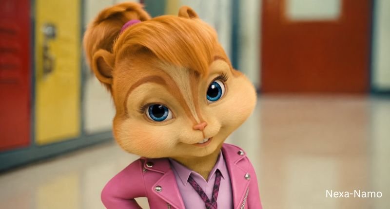Brittany from Alvin and the Chipmunks wearing a stylish pink outfit with blue eyes and a confident expression in a school hallway.