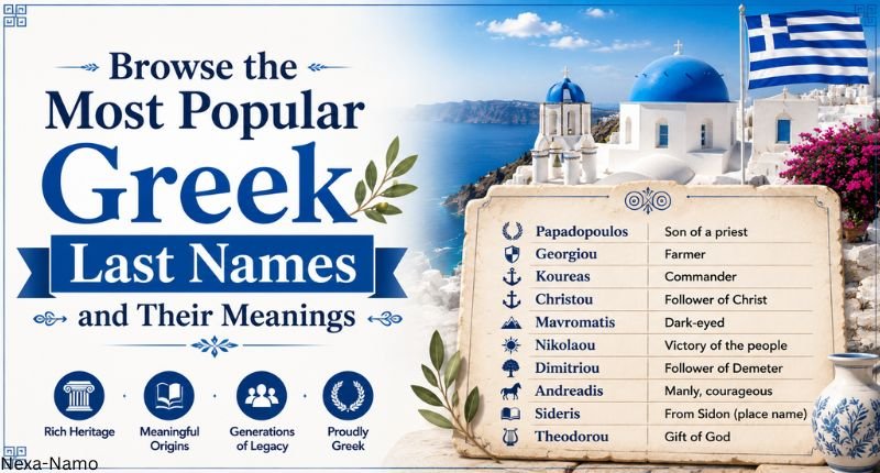 Popular Greek last names and their meanings displayed in an elegant infographic with Santorini scenery and the Greek flag.