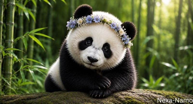 Celeste adorable panda wearing a delicate flower crown while resting on a mossy log in a peaceful bamboo forest, perfect for a cute panda names article.